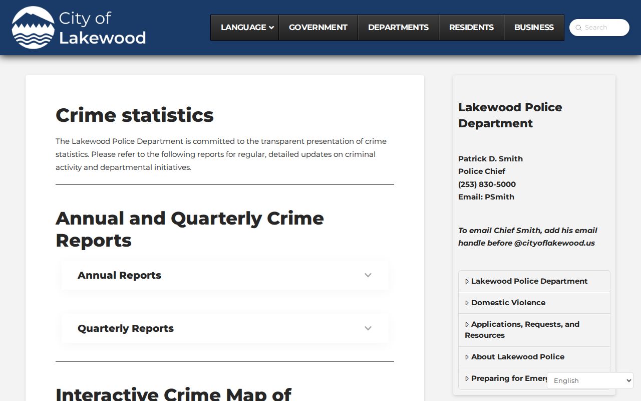 Pierce County Lakewood Police official crime statistics interface for Lakewood arrest-record context
