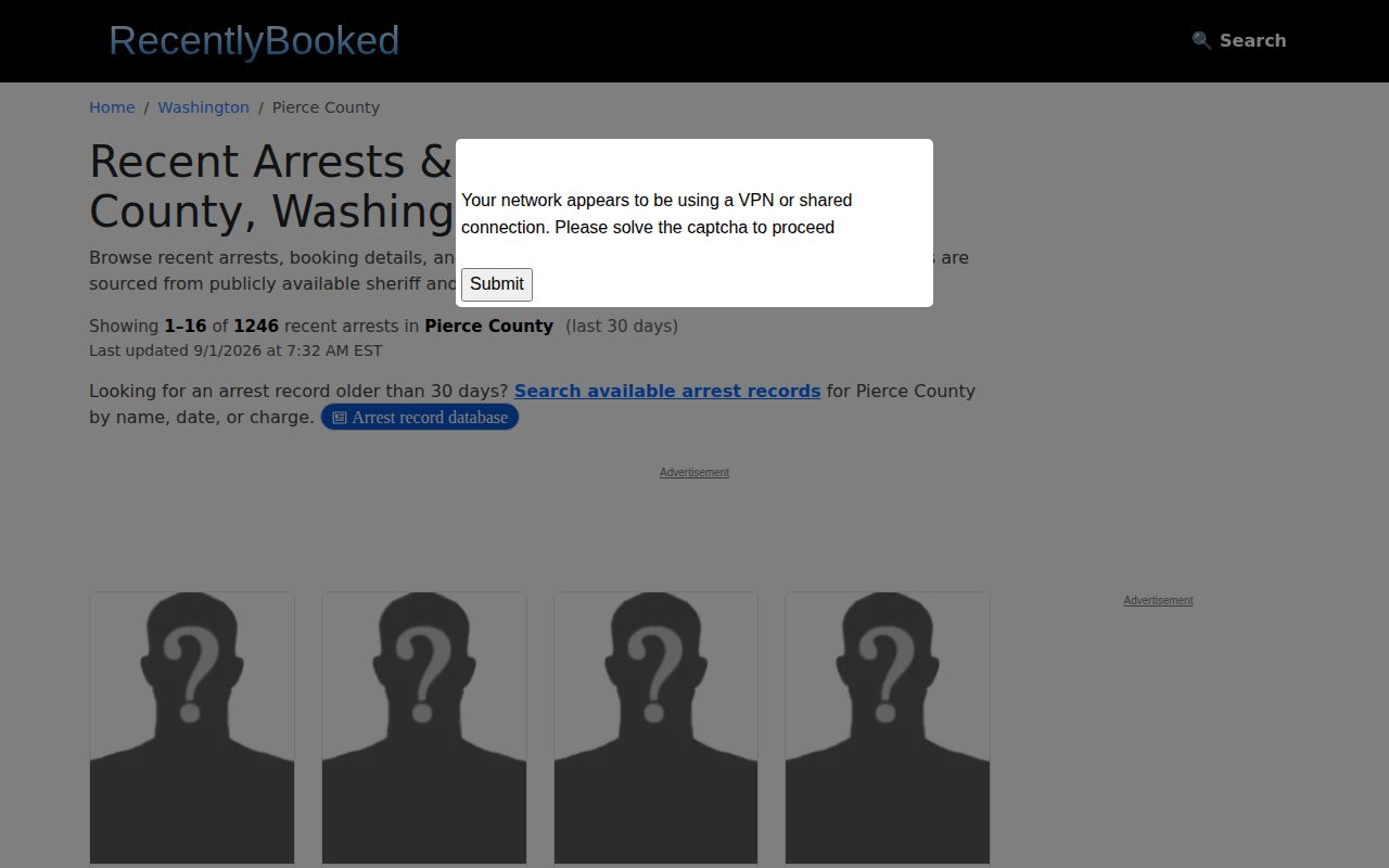 Unofficial Pierce County secondary booking listing landscape