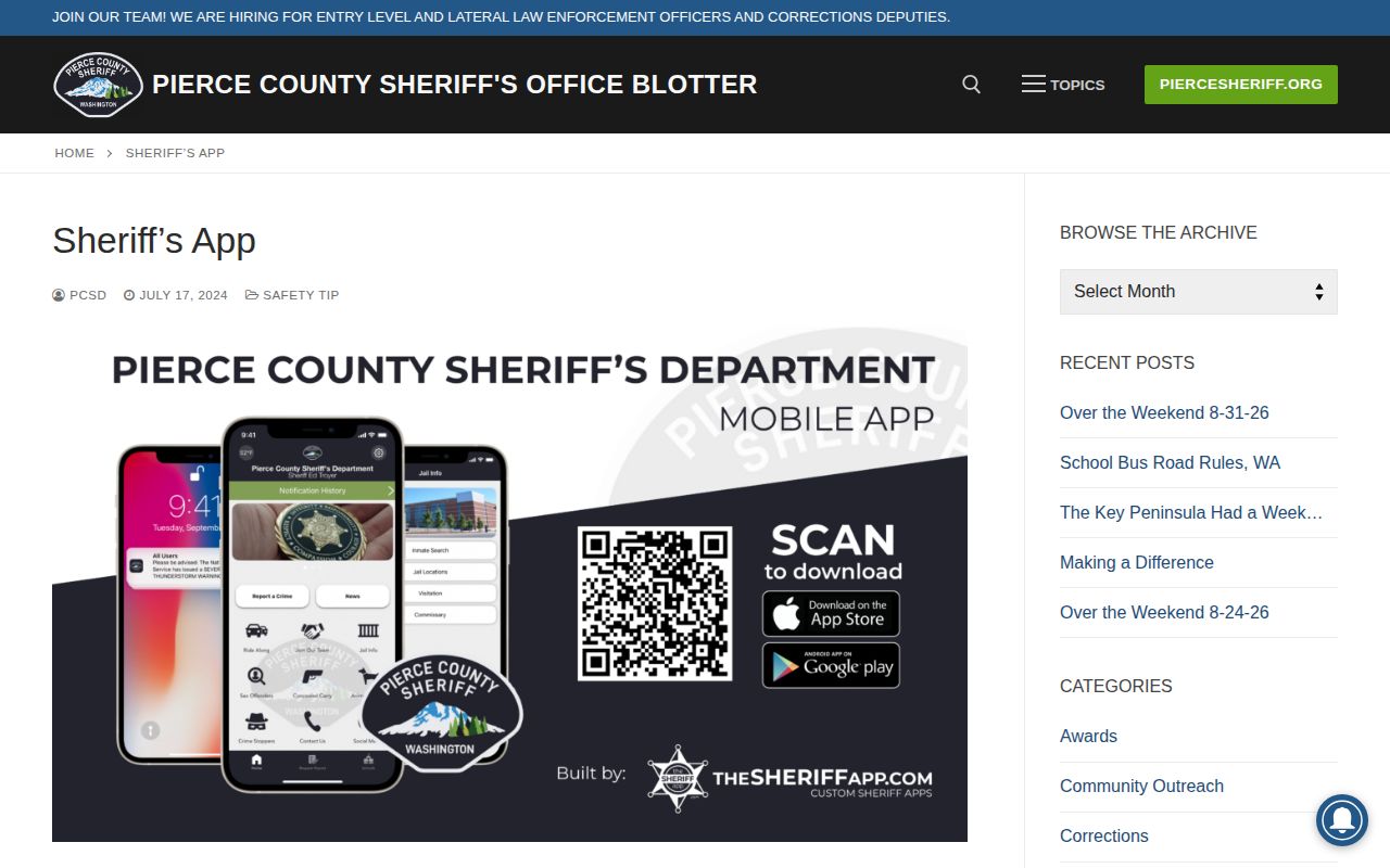 Pierce County Sheriff app announcement for roster and records access