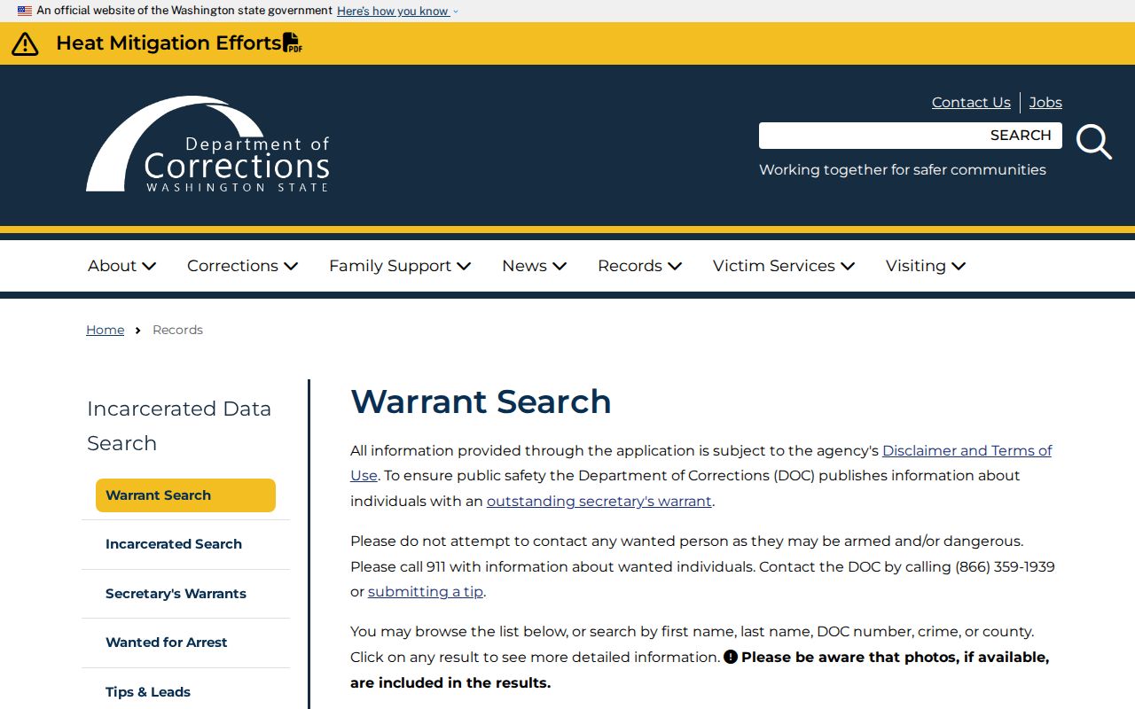 Washington DOC warrant search for Pierce County supervision warrants